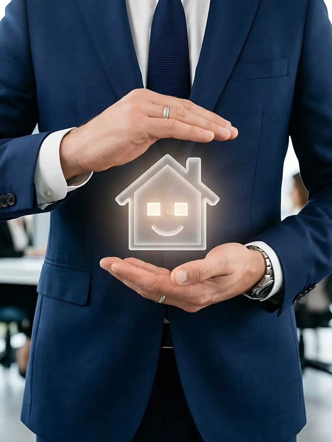 Hands held above and below a small glowing house symbol